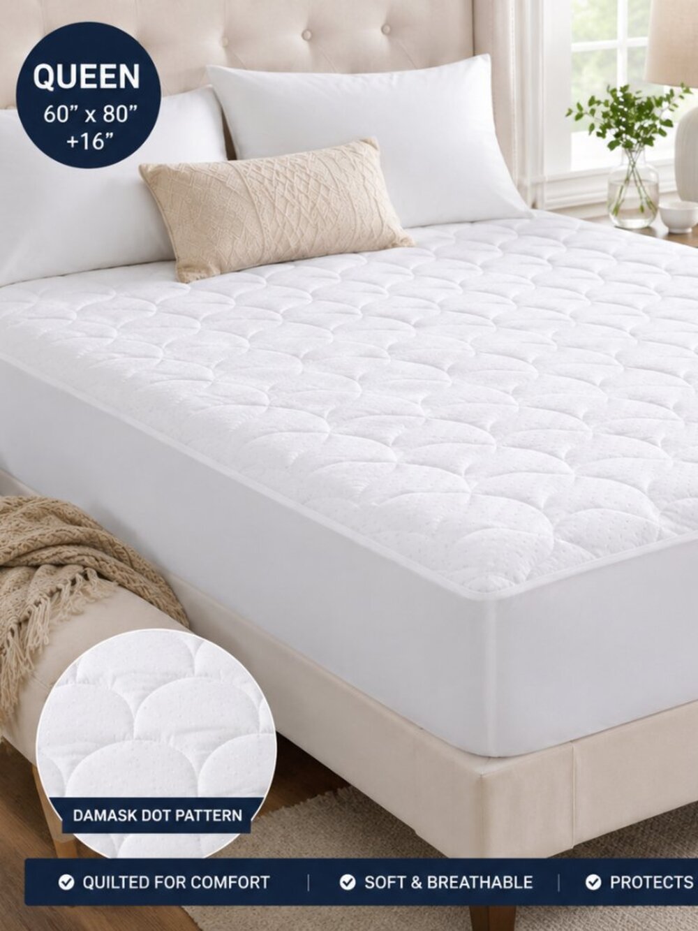 Cotton Damask Dot Dual Action Mattress Pad Queen 60” x 80” White